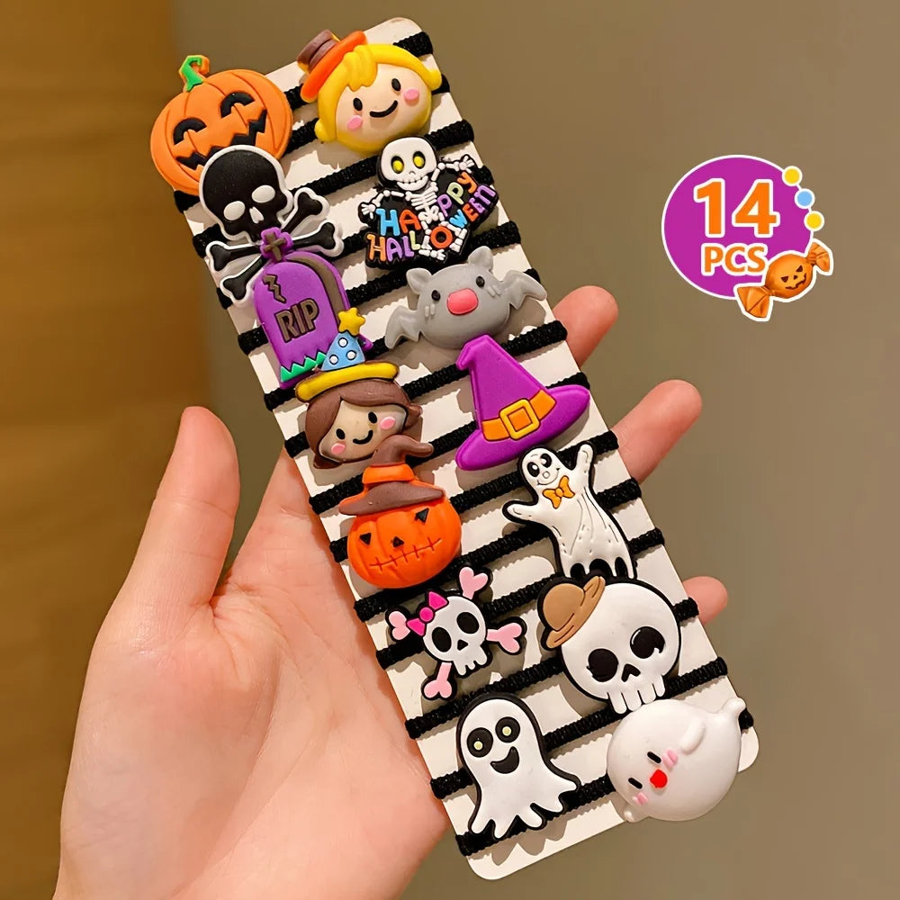 Colorful Halloween hair accessories for girls featuring ghosts, pumpkins, and skeletons, 14 pieces total.