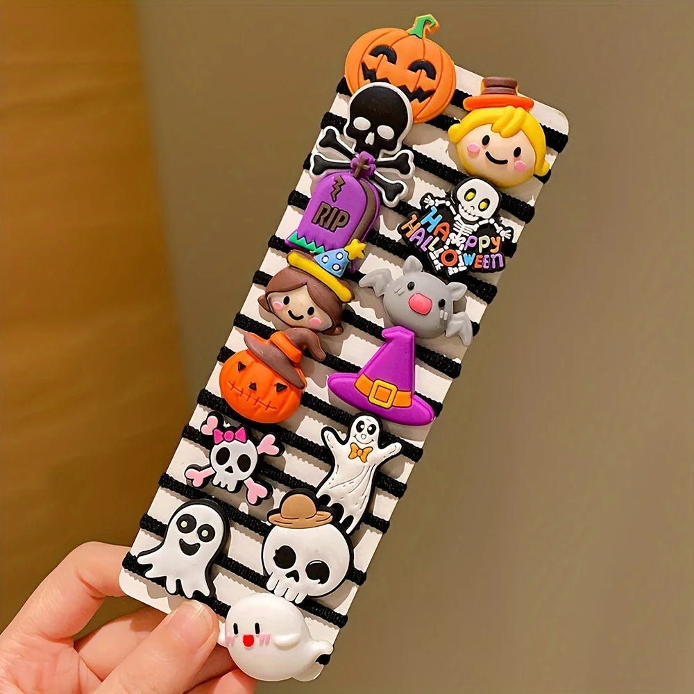 Colorful Halloween hair accessories for girls featuring pumpkin, ghost, and skull designs