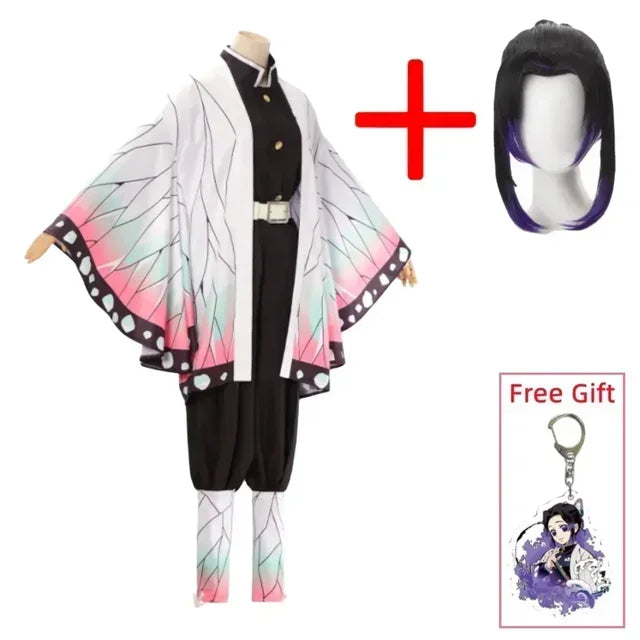 Halloween Kochou Shinobu wig and haori set with black and pastel pink colors, perfect for cosplay events