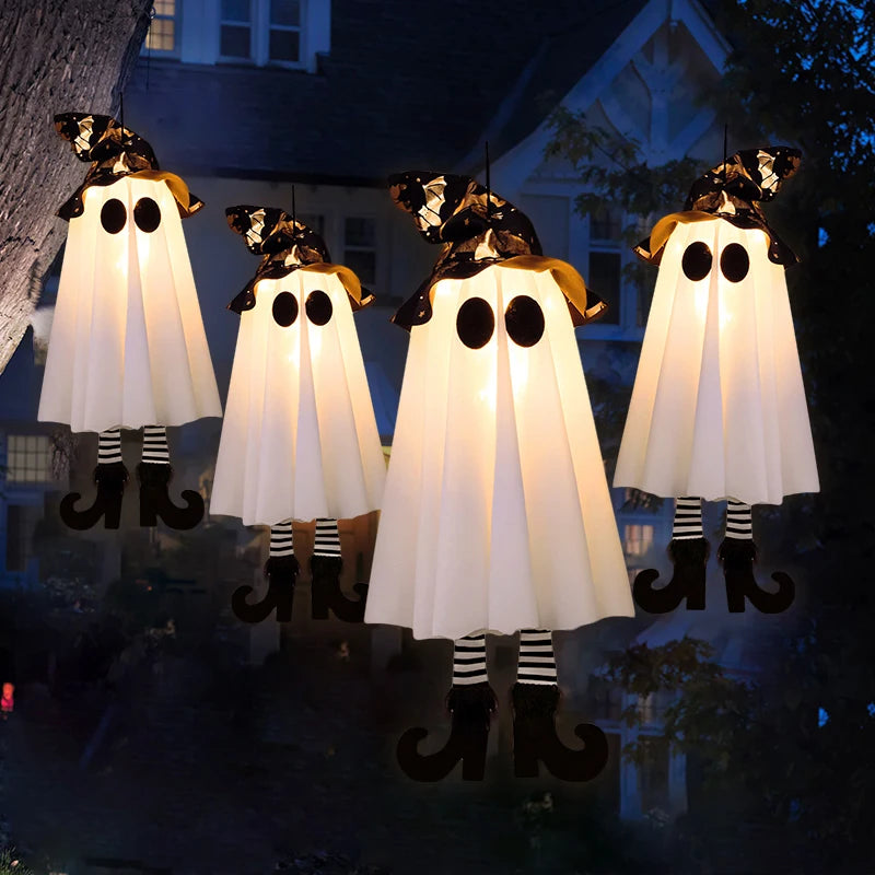 Halloween LED witch ghost decorations with hanging design and black witch hats for spooky ambiance