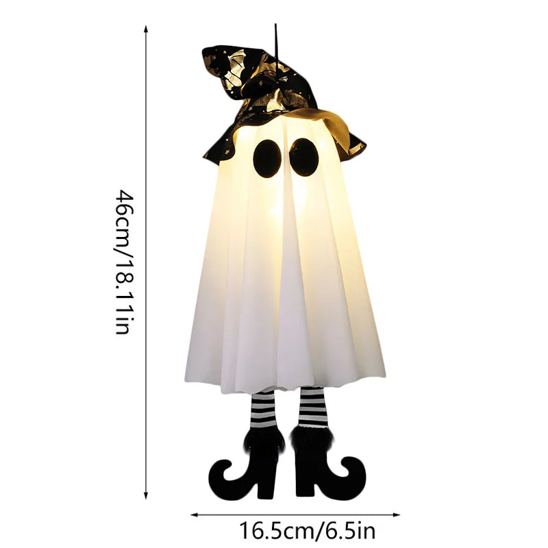 Halloween LED witch ghost decorations with a black hat and striped socks for spooky home decor