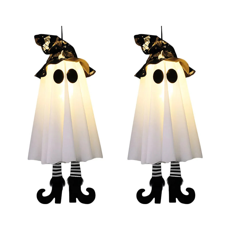 Halloween LED witch ghost decorations with black hats and striped socks for festive spooky decor