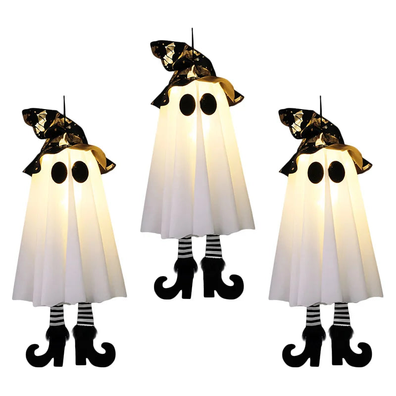 Set of three Halloween LED witch ghost decorations with black hats and striped legs
