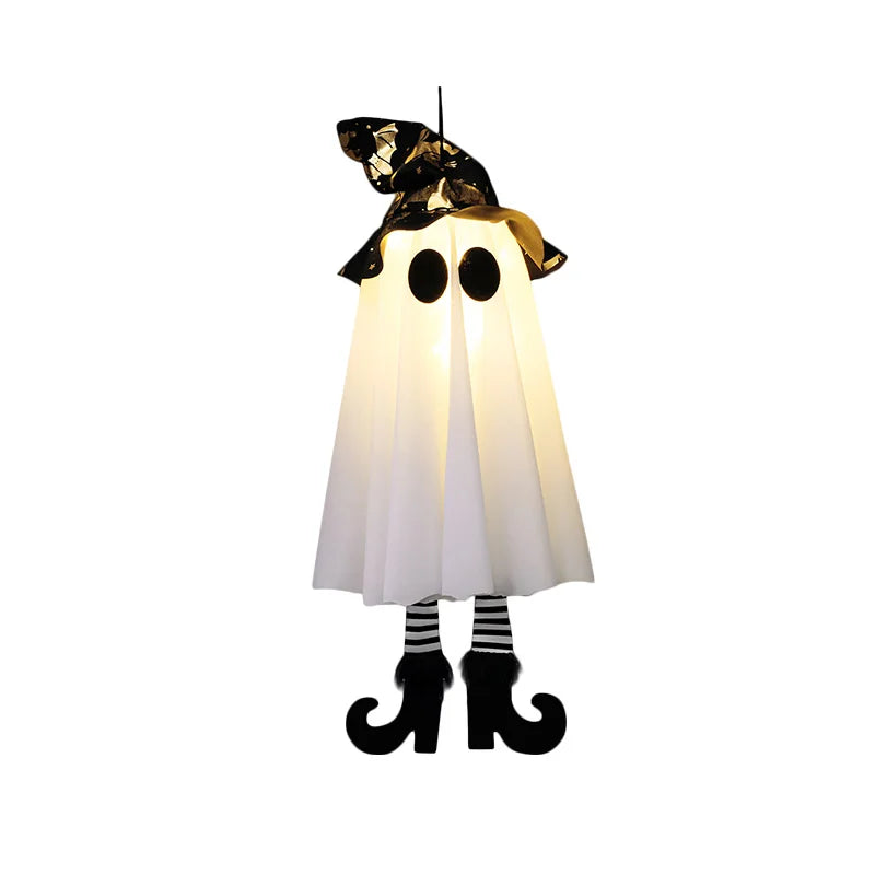Halloween LED witch ghost decorations with a black hat and striped legs for festive home decor