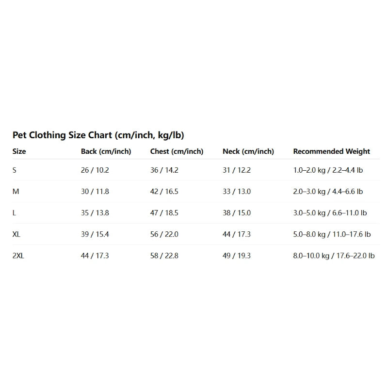 Size chart for Zoomies & Co Halloween party clothing for dogs with measurements in centimeters and inches