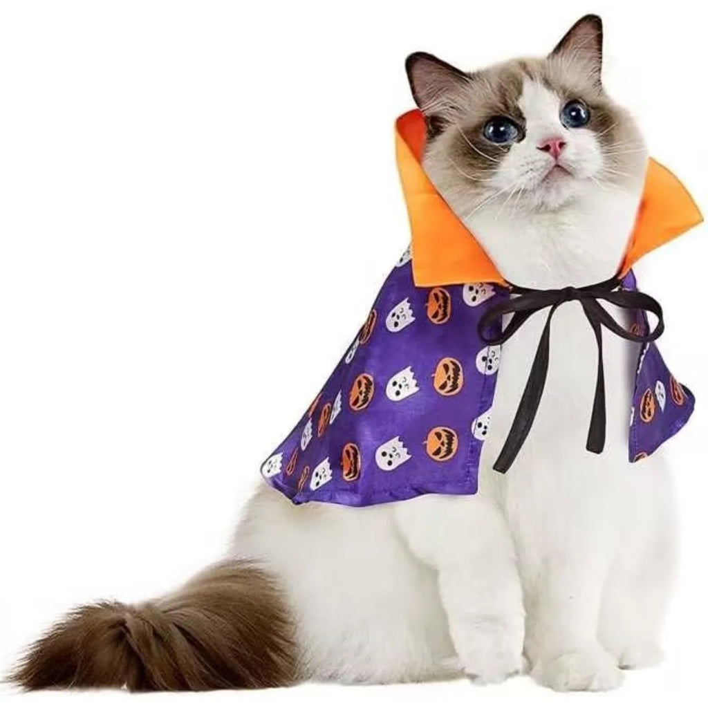 Halloween pet costume for cats and dogs featuring a purple cape with pumpkins and ghosts