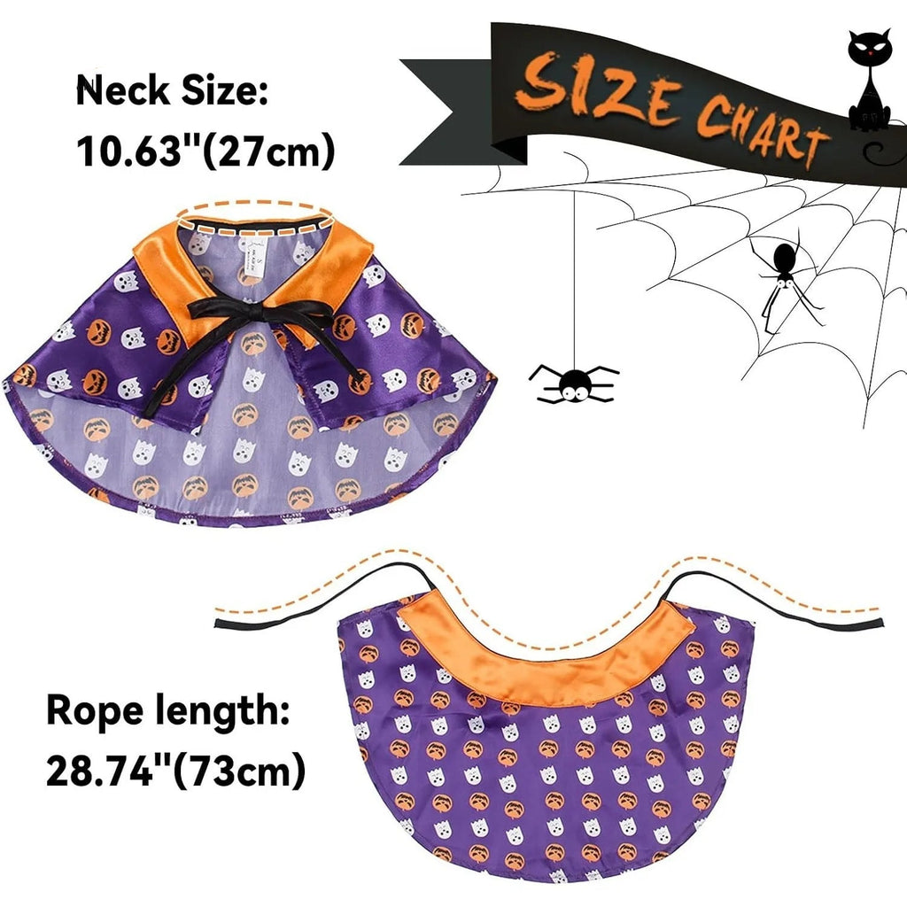 Halloween pet costume for cats and dogs featuring a purple cape with pumpkin and ghost designs