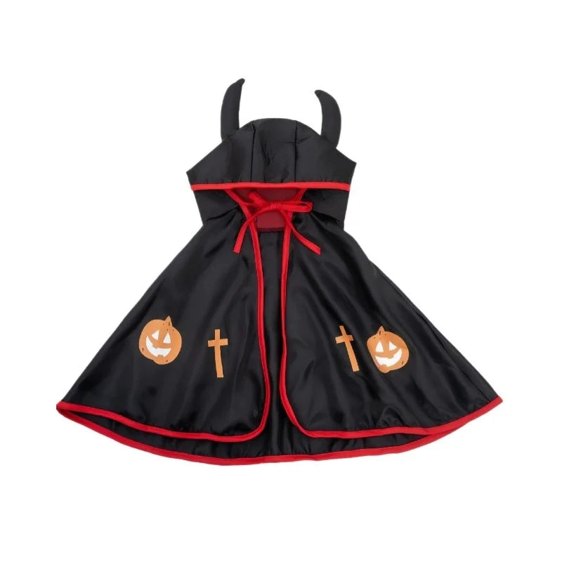 Halloween pet costumes for small dogs featuring a black dress with pumpkin and cross designs