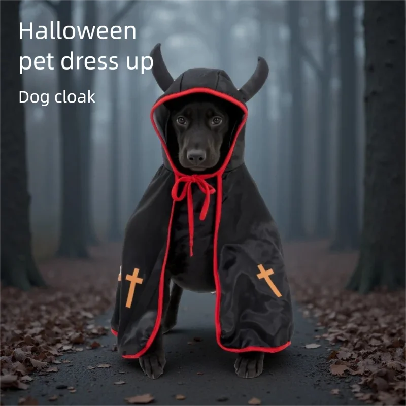 Halloween pet costumes for small dogs featuring a black dog cloak with horns and cross designs