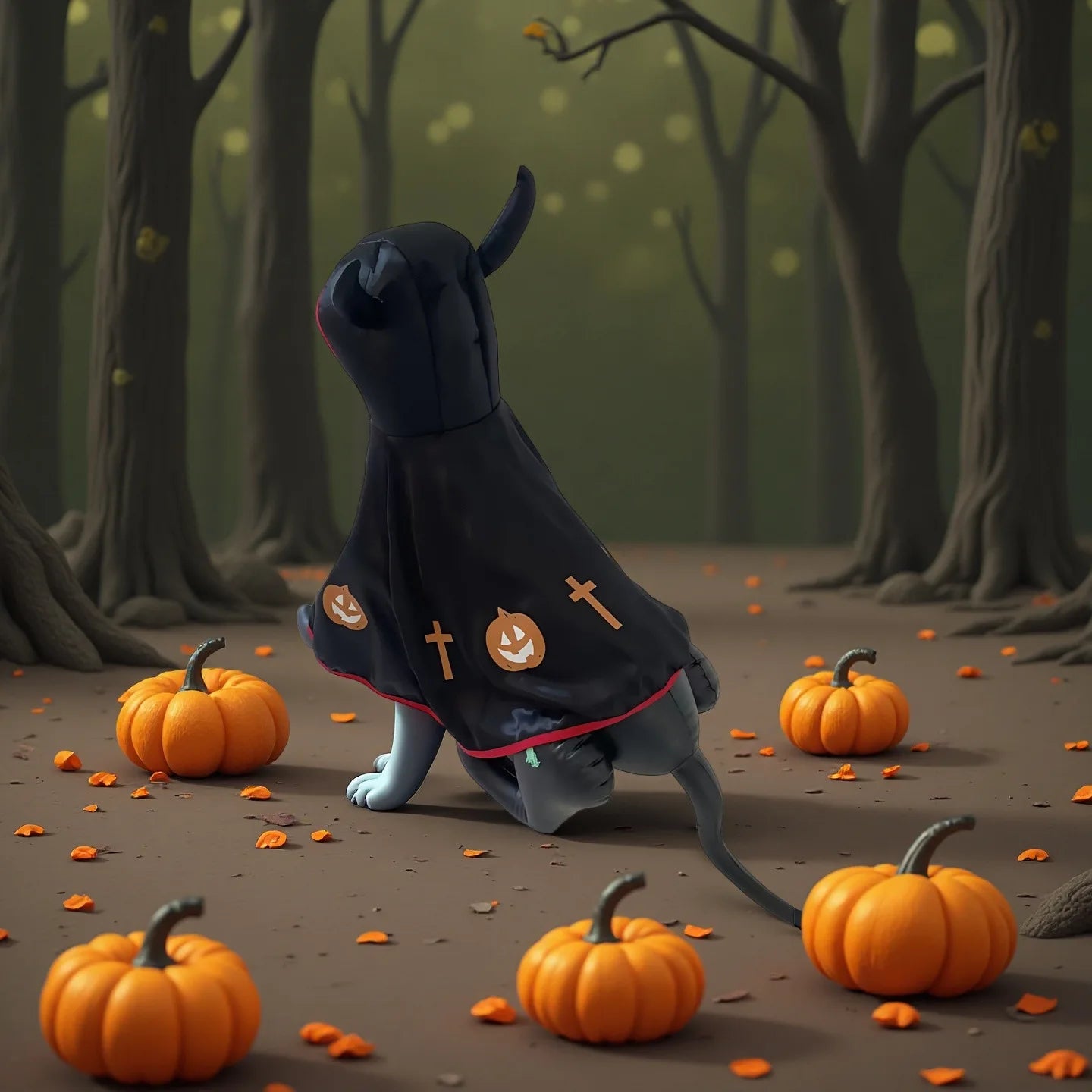 Small dog in a Halloween costume with a cape, surrounded by pumpkins, perfect for Halloween pet costumes for small dogs