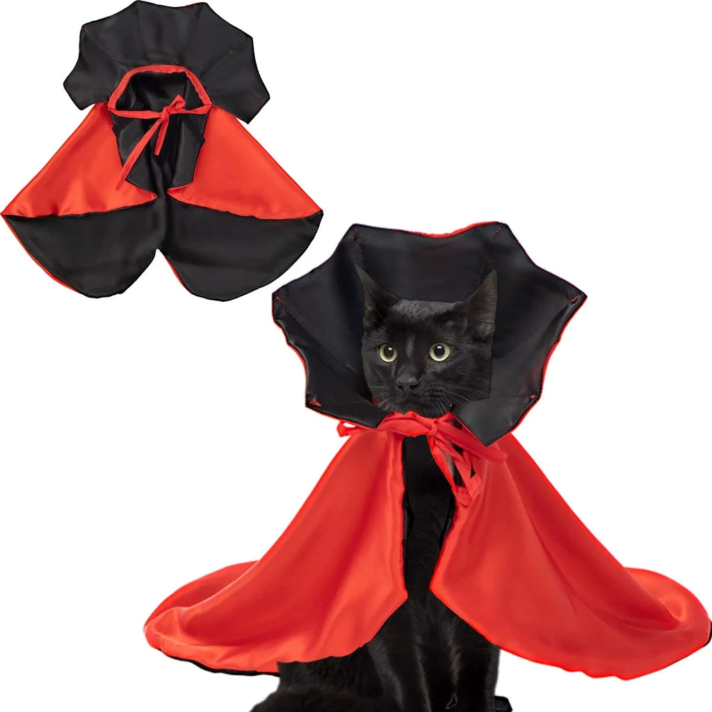Halloween pet costumes for small dogs featuring a red and black cape design for festive dress-up