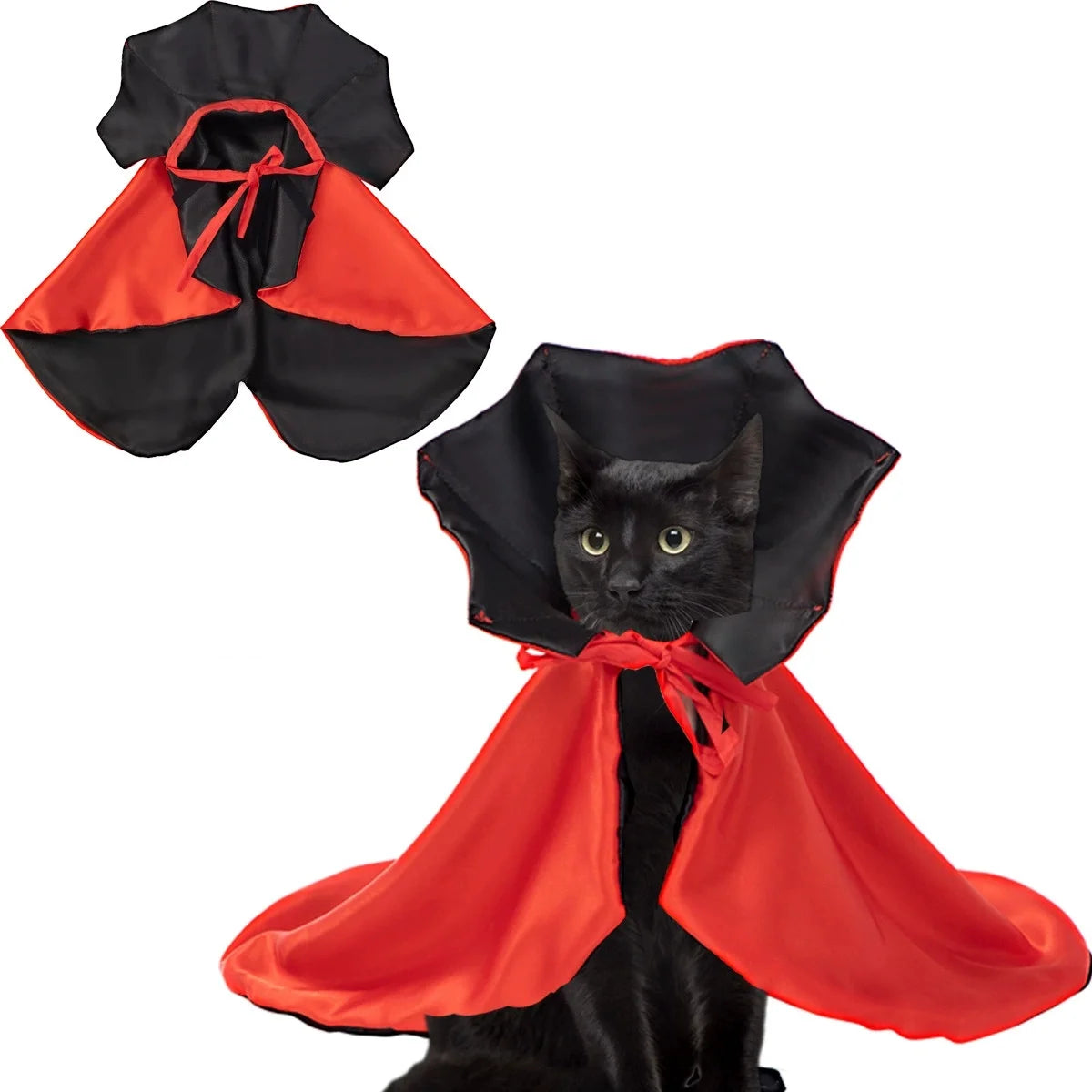 Halloween pet costumes for small dogs featuring a red and black cape design for festive dress-up