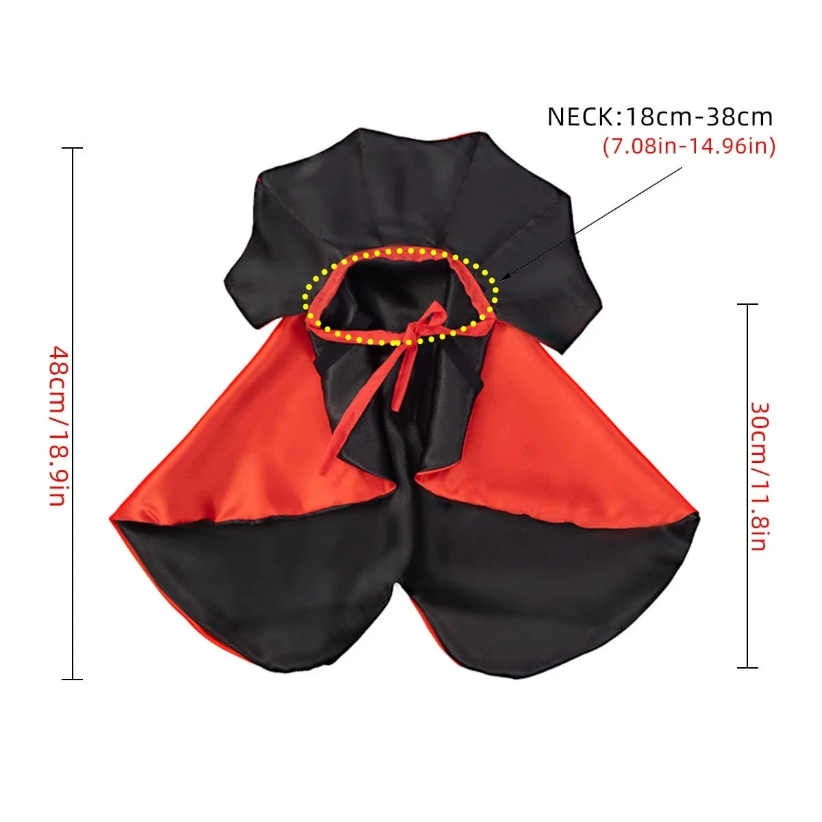 Halloween pet costumes for small dogs featuring a red and black cape design with adjustable neck and waist