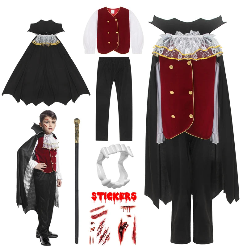 Halloween vampire costume with accessories including cape, vest, and wand for kids