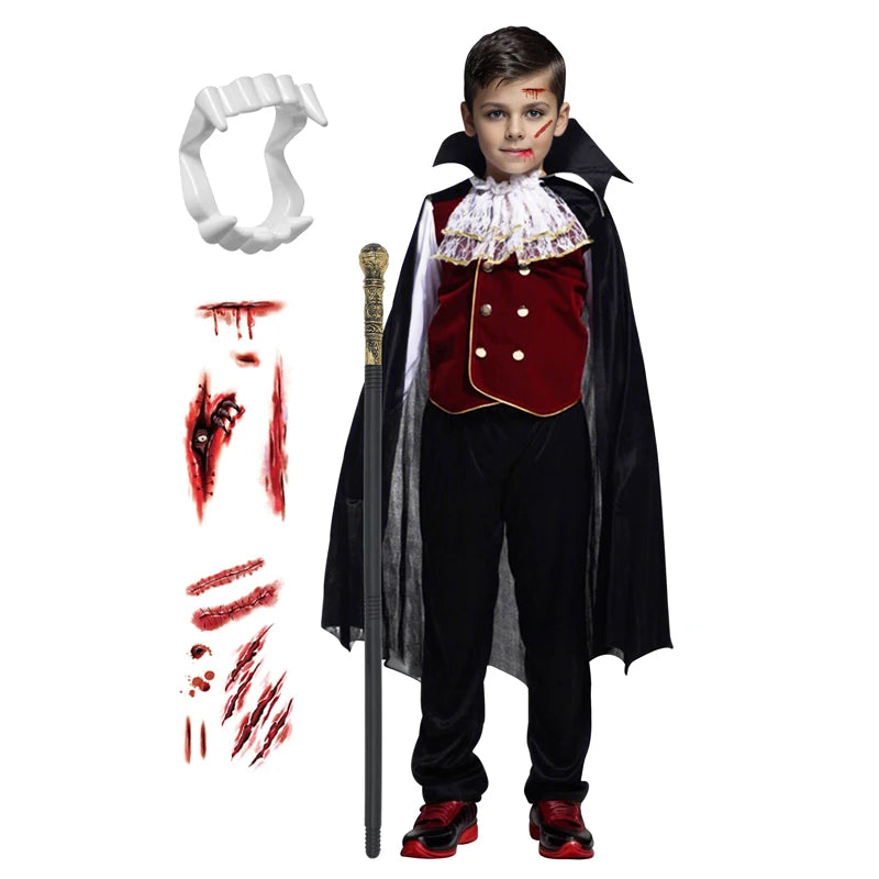 Halloween vampire costume with accessories featuring a cape, fangs, and makeup for kids