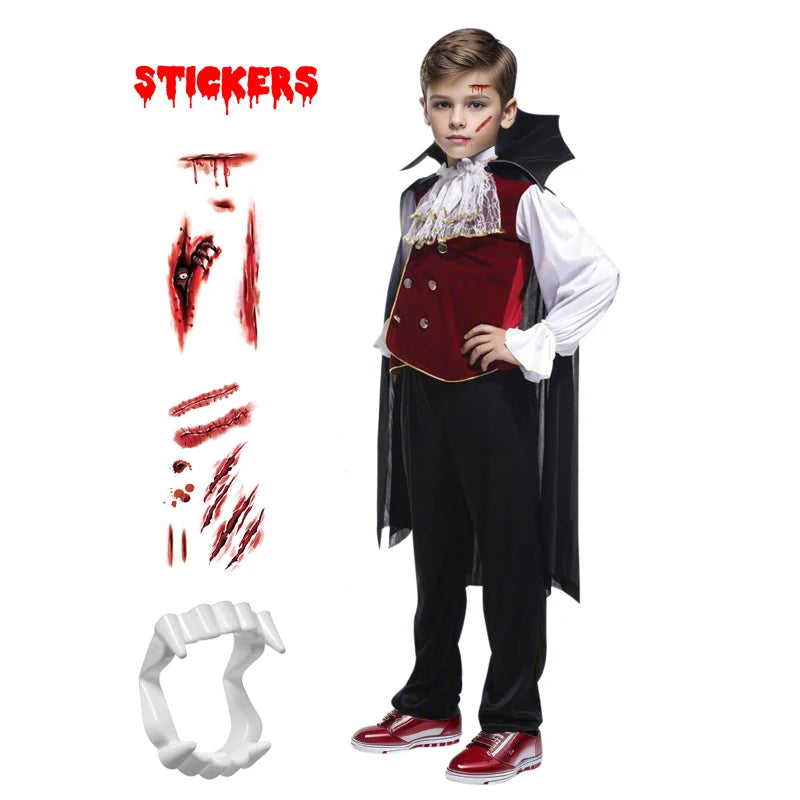 Kid's Halloween vampire costume with accessories including cape, fangs, and blood stickers