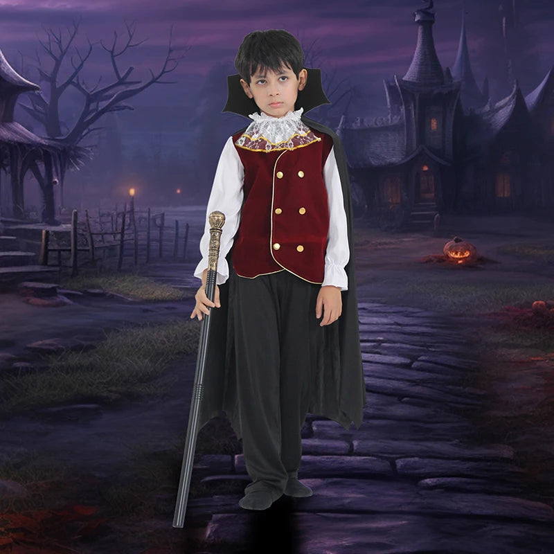 Child in a Halloween vampire costume with accessories, including a cape and a cane, set against a spooky backdrop
