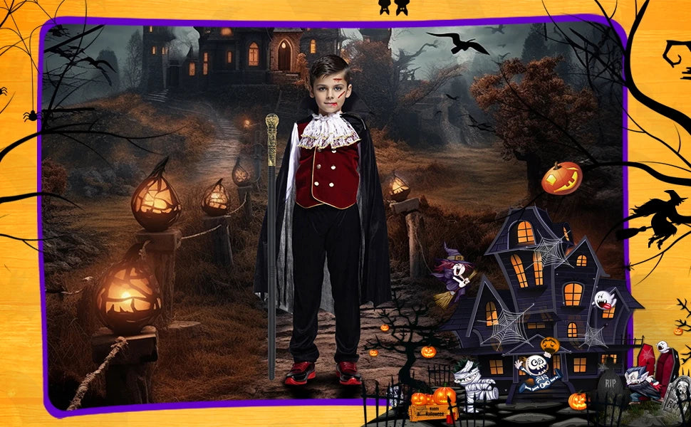 Kid in Halloween vampire costume with accessories standing in a spooky setting with haunted house backdrop
