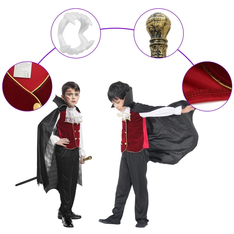 Halloween vampire costume with accessories including cape, shirt, and vampire fangs for kids