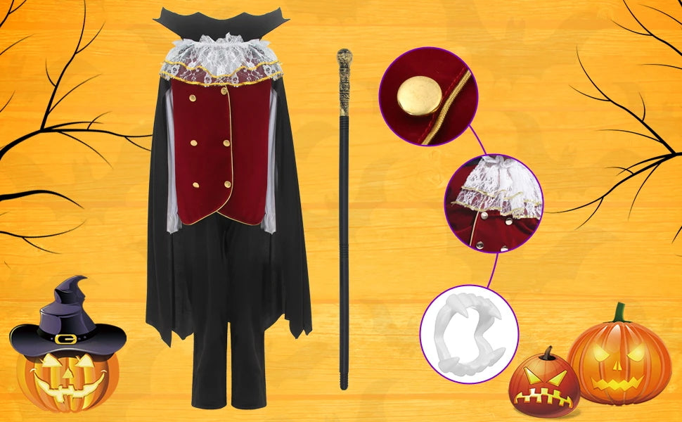 Halloween vampire costume with accessories including a cape, vest, and vampire wand