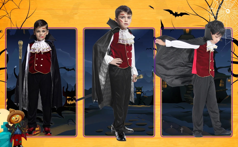 Halloween vampire costume with accessories, featuring a cape, shirt, and decor for kids' spooky fun