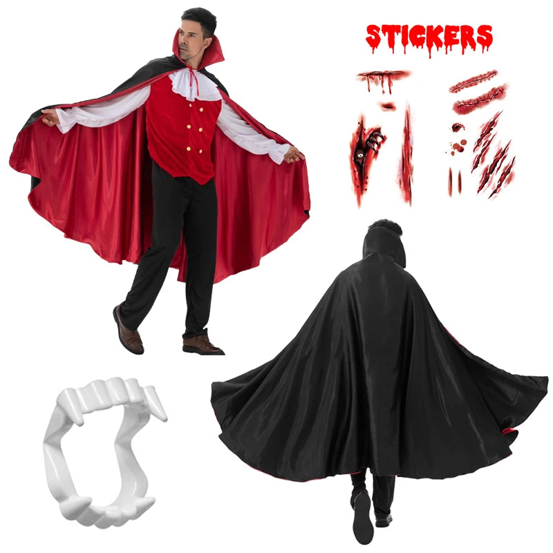 Halloween vampire costume with accessories including a black cape, fangs, and face stickers for spooky celebrations