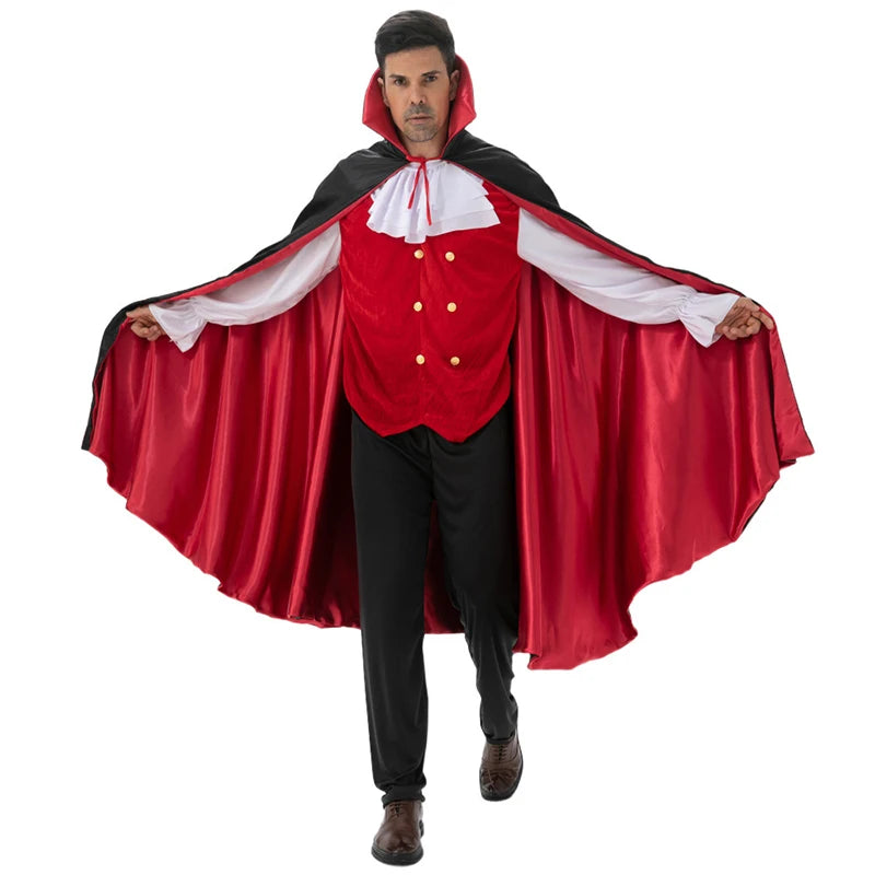 Halloween vampire costume with accessories featuring a red cape and white collar for a spooky look