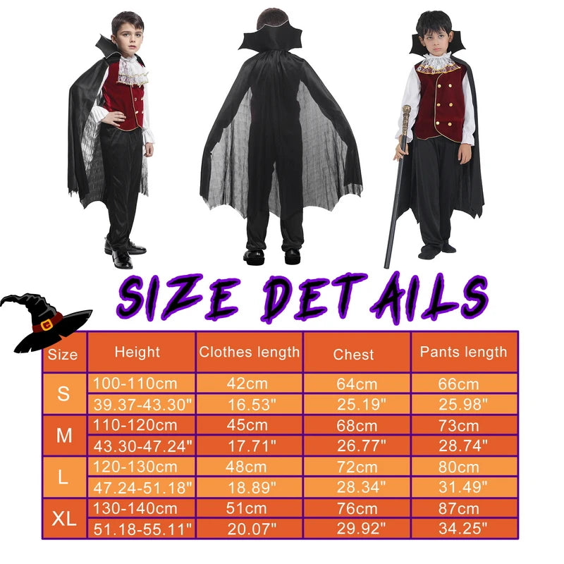 Cute Halloween vampire costume with accessories featuring a cape, vest, and pants for kids