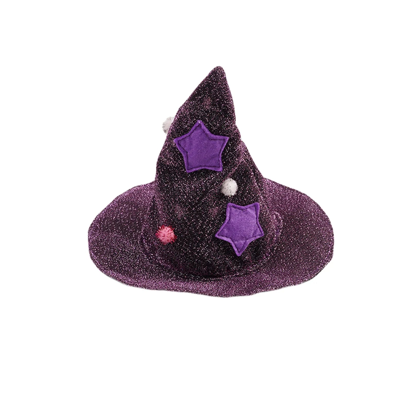 Purple Halloween witch costume for pets hat with stars and pom poms for festive pet celebrations