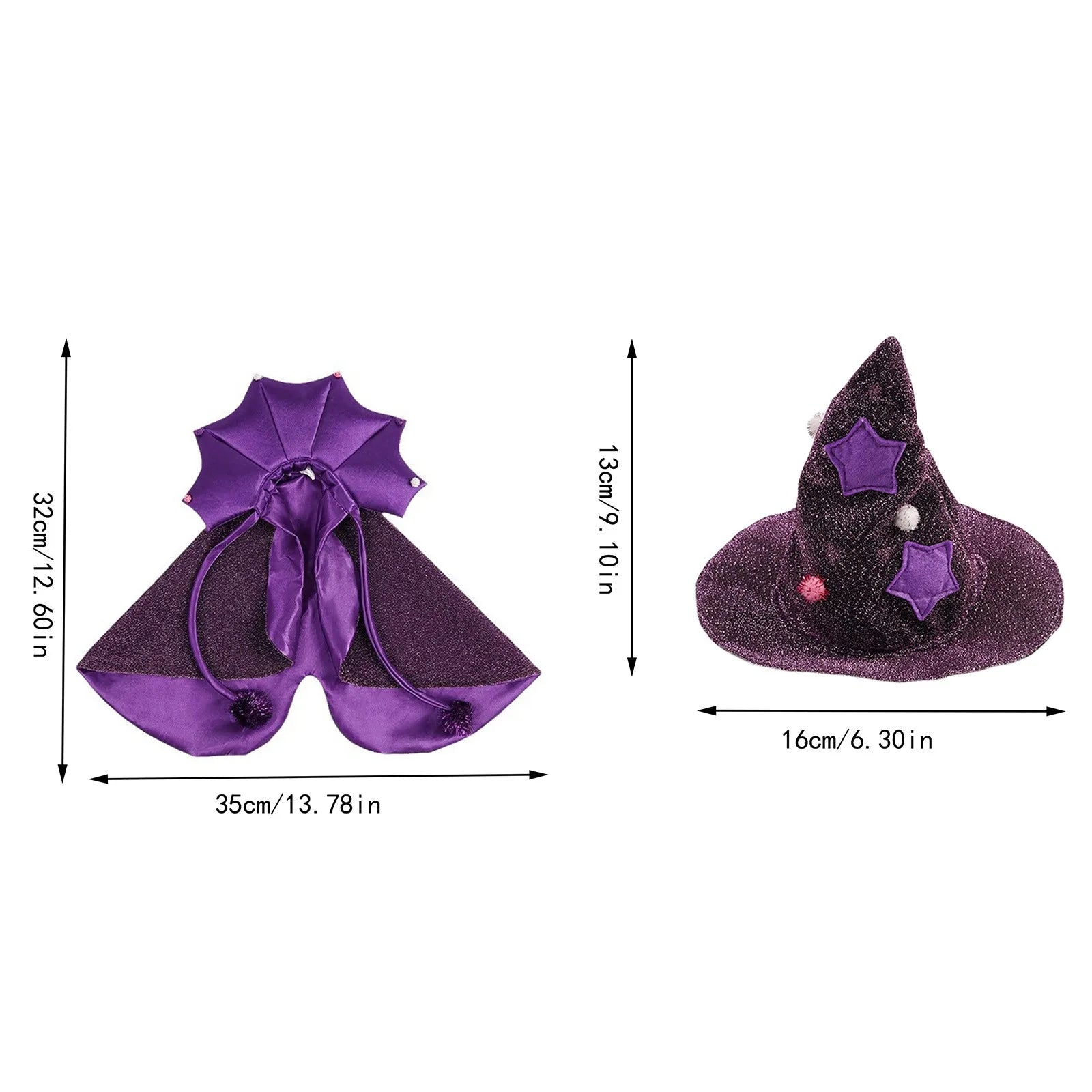 Purple Halloween witch costume for pets with cape and hat featuring star details and adjustable ties