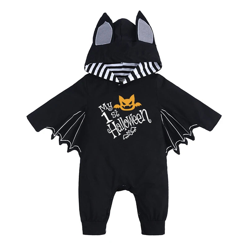 Cute BABY vampire costume jumpsuit with bat wings and Halloween-themed design for infants