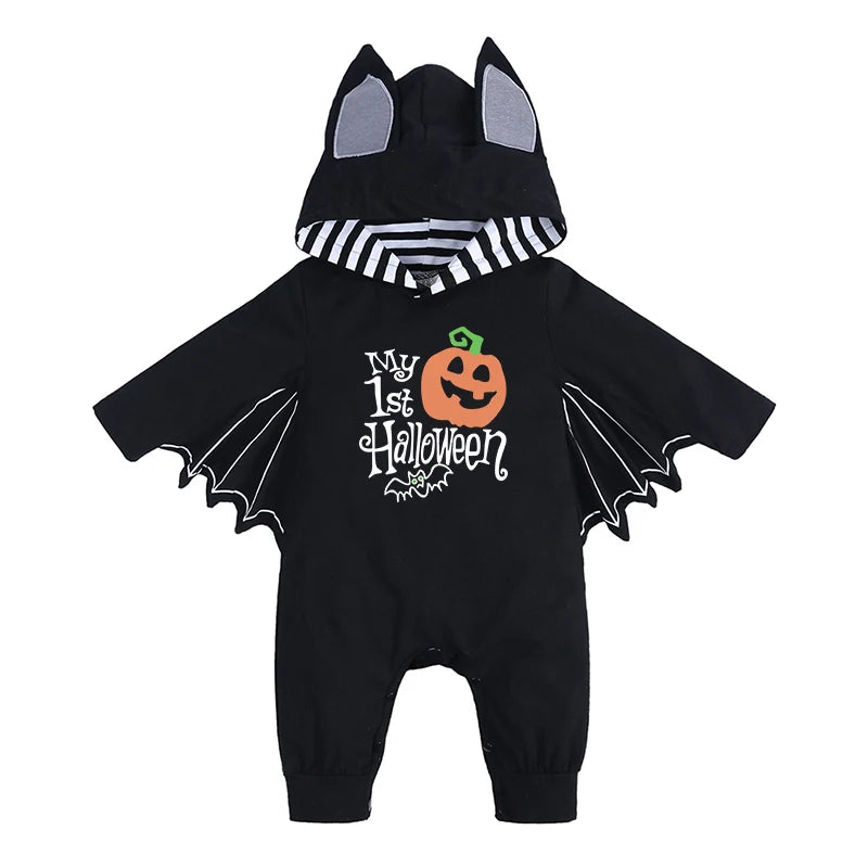 Cute BABY vampire costume jumpsuit with bat wings and pumpkin design for Halloween celebrations