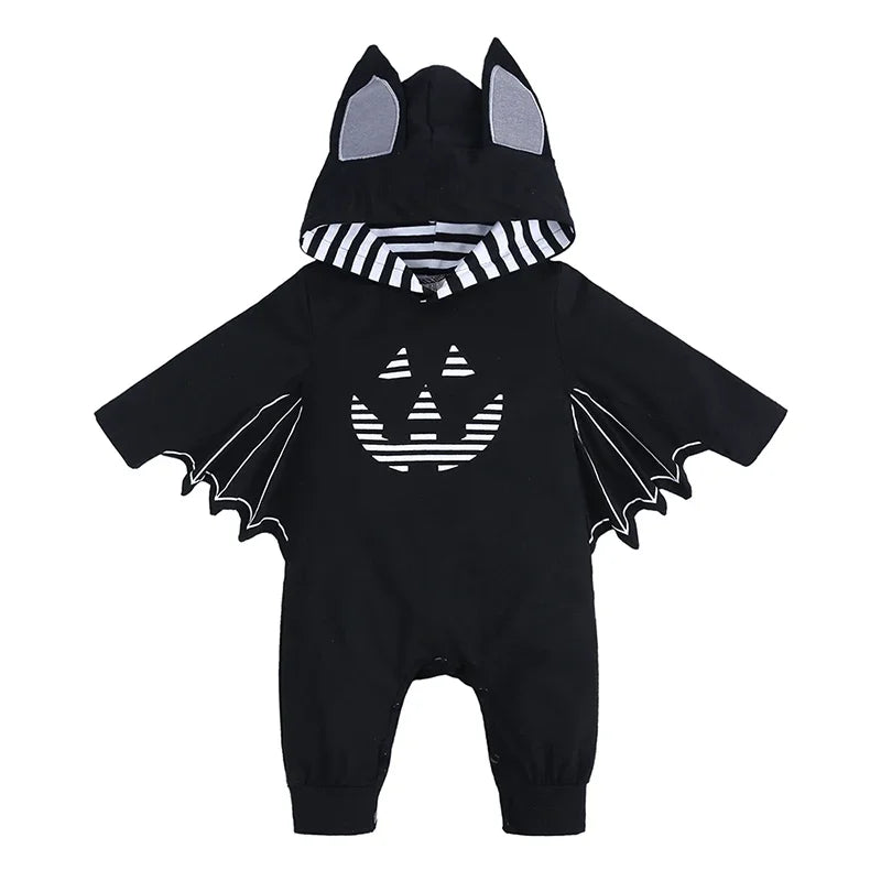 Adorable BABY vampire costume jumpsuit with bat wings and hood featuring striped lining