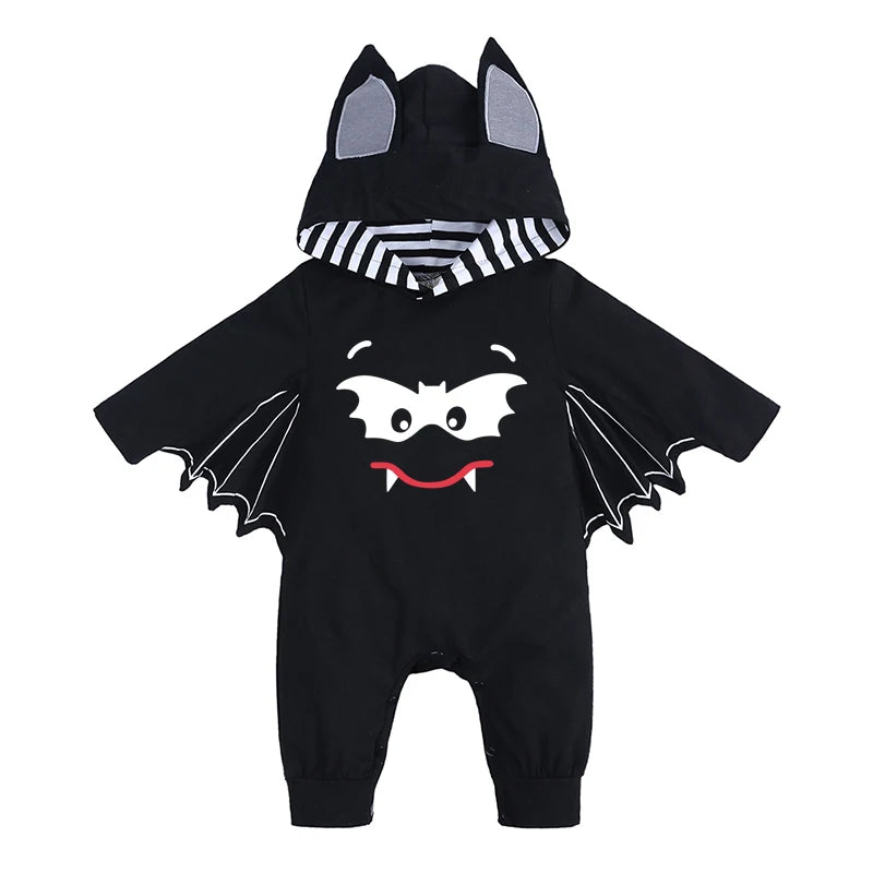 Cute BABY vampire costume jumpsuit with bat wings and hood for Halloween fun