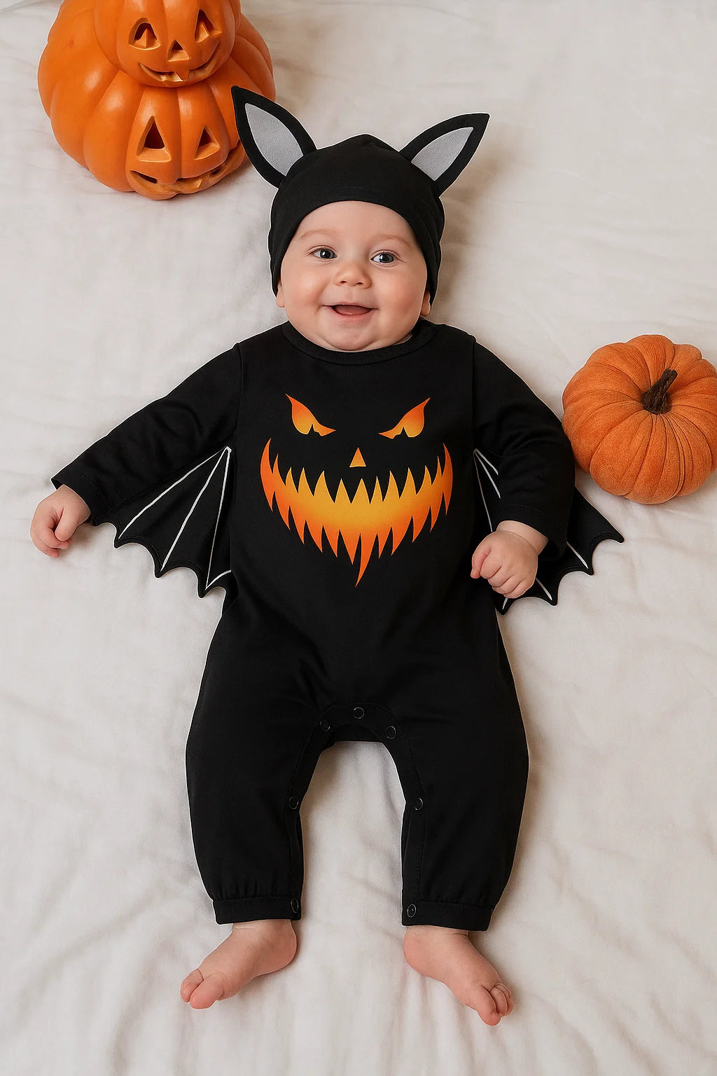 Cute baby vampire costume jumpsuit with bat wings and smiling jack-o-lantern design for Halloween fun