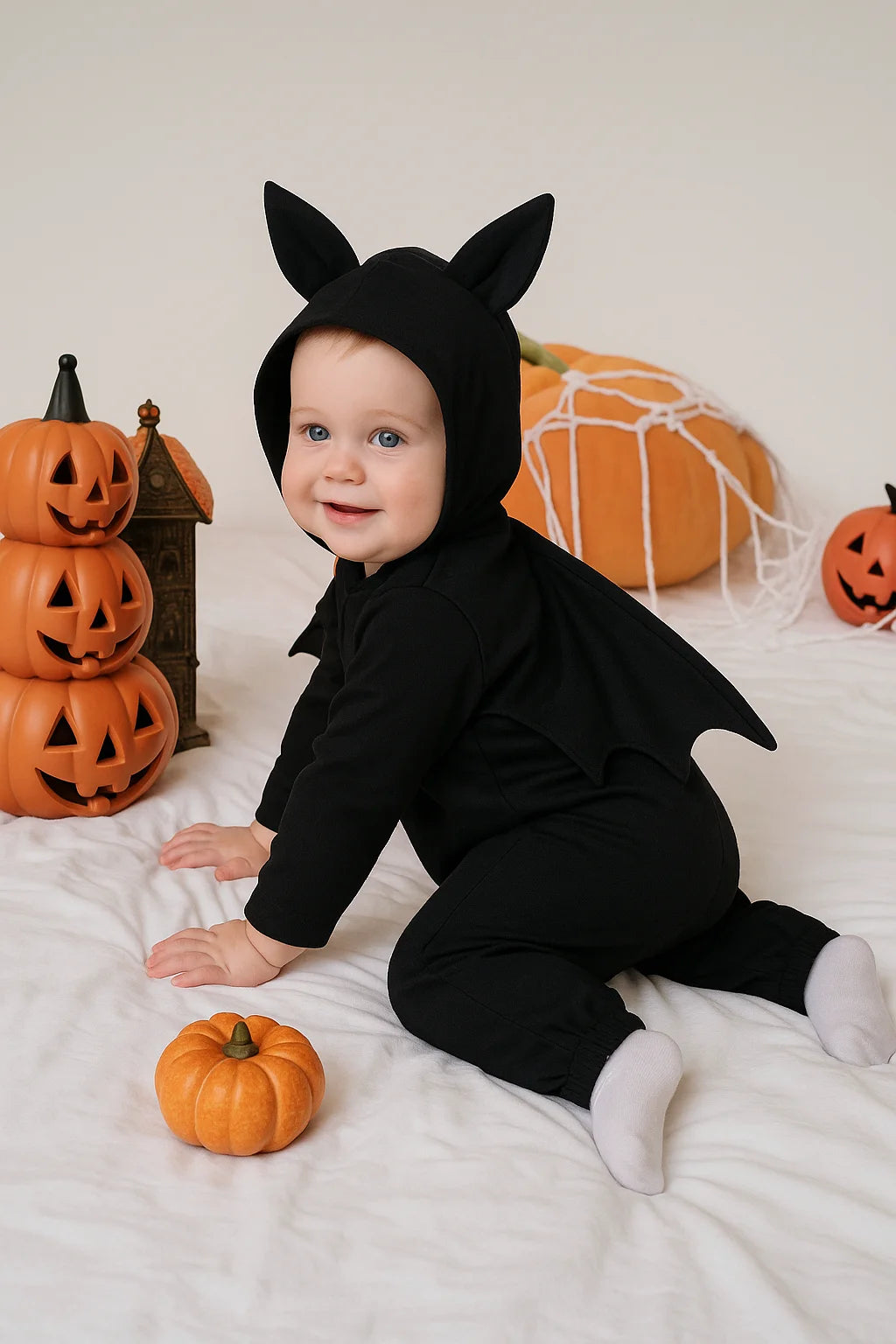 Adorable baby vampire costume jumpsuit with bat ears and wings, perfect for Halloween celebrations