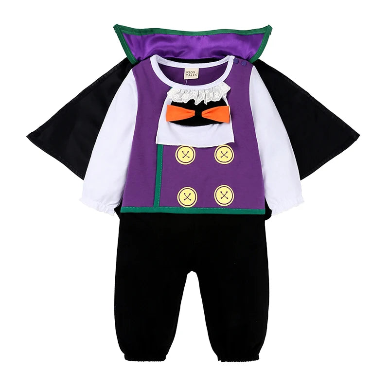 Cute BABY vampire costume jumpsuit with purple and black design, perfect for Halloween festivities