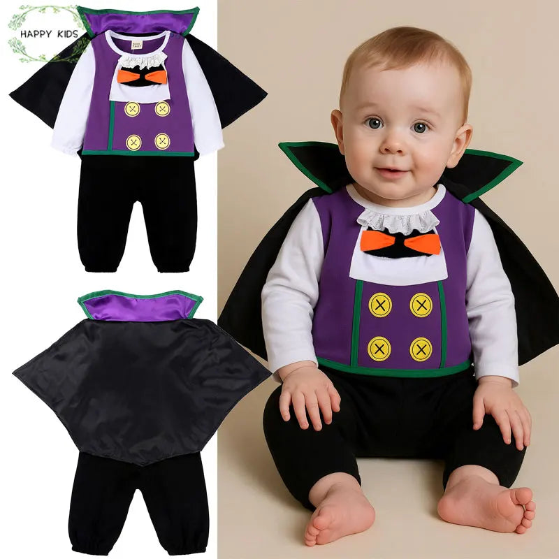 Cute baby in a BABY vampire costume jumpsuit with a cape and button details for Halloween fun