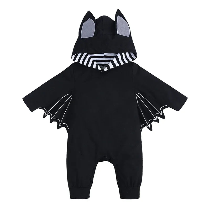 Adorable black BABY vampire costume jumpsuit with bat wings and hoodie for Halloween fun