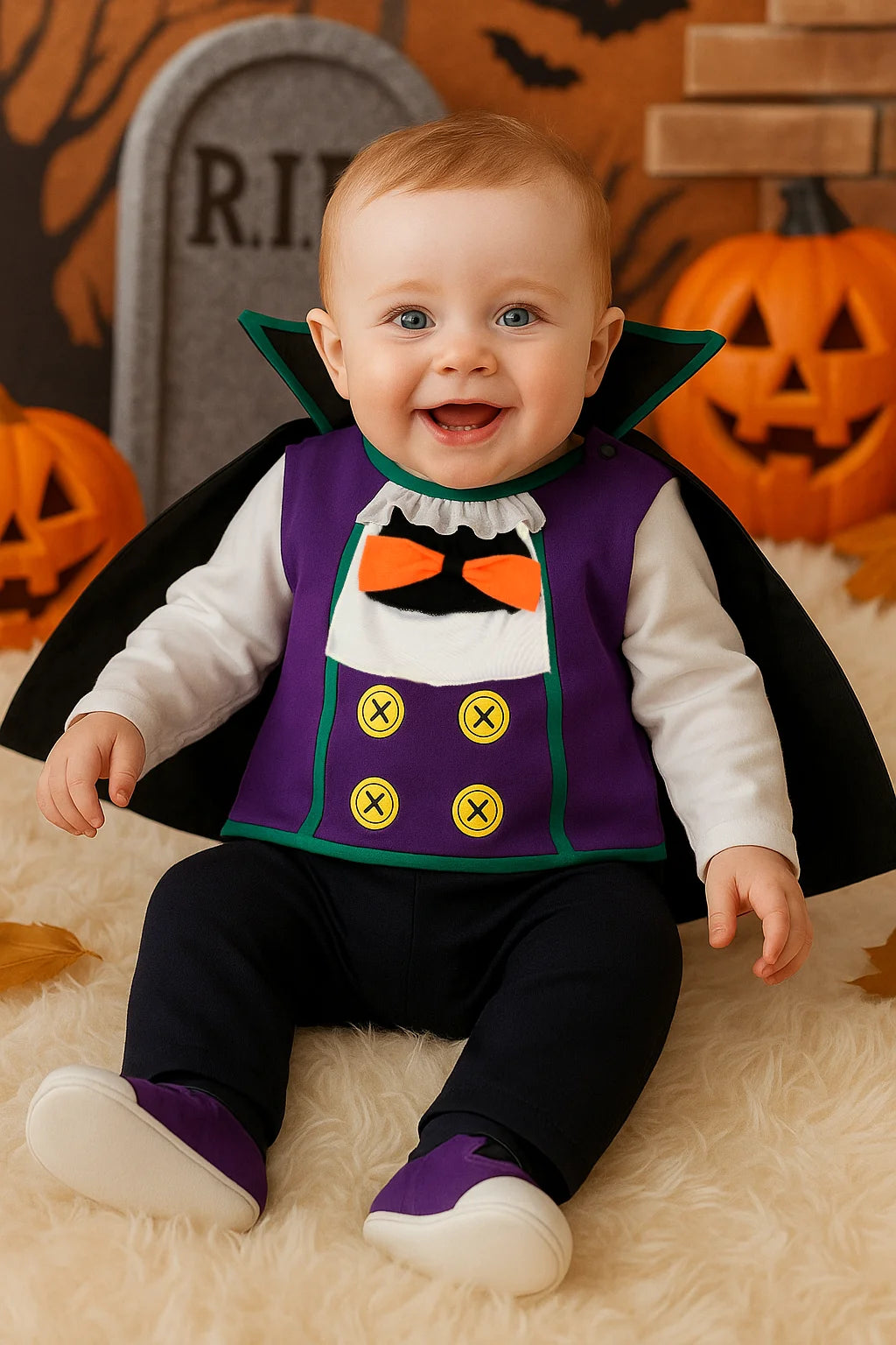 Cute baby in a purple and black BABY vampire costume jumpsuit with a cape smiling among Halloween decorations
