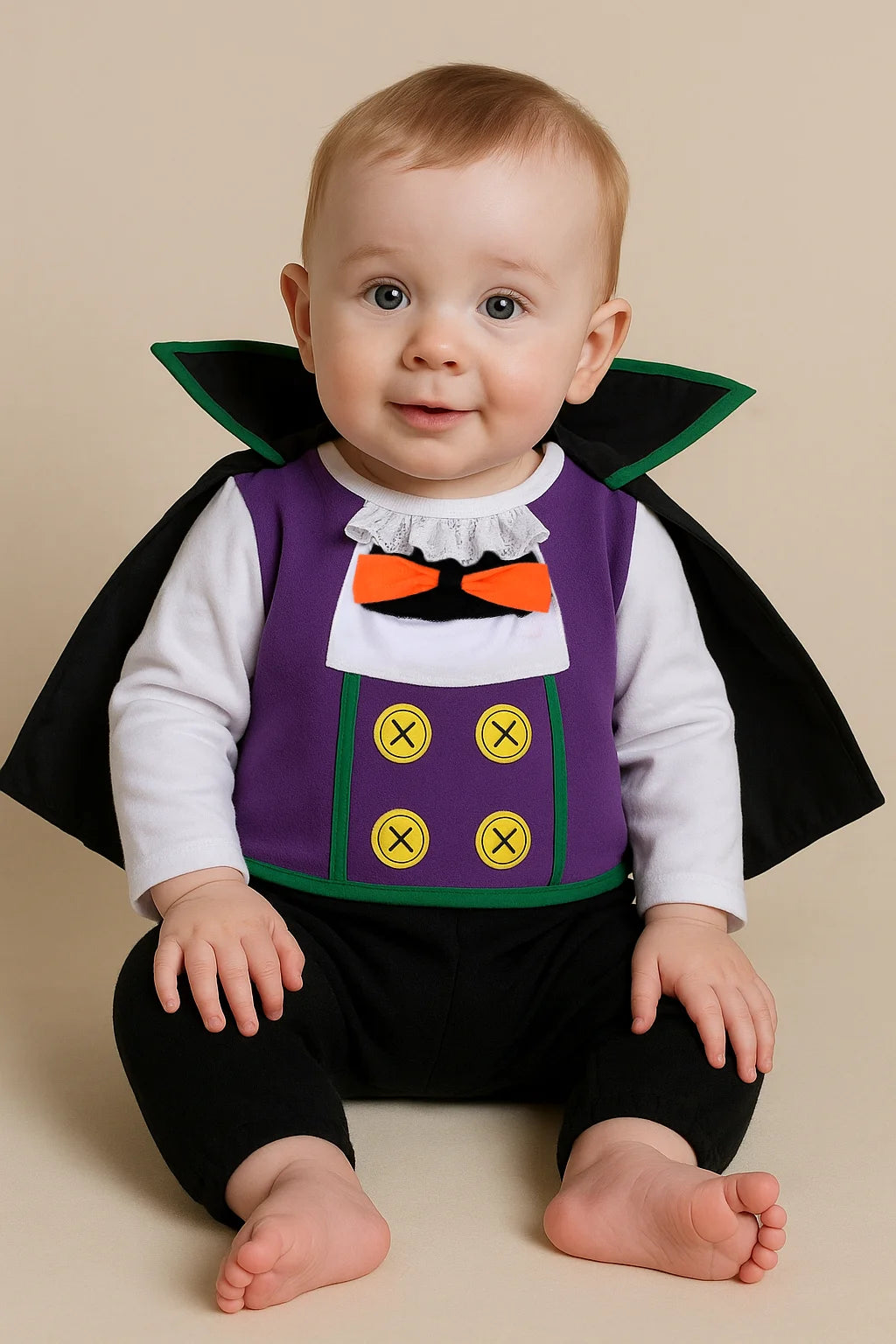 Cute BABY vampire costume jumpsuit with purple vest and black cape for Halloween celebrations