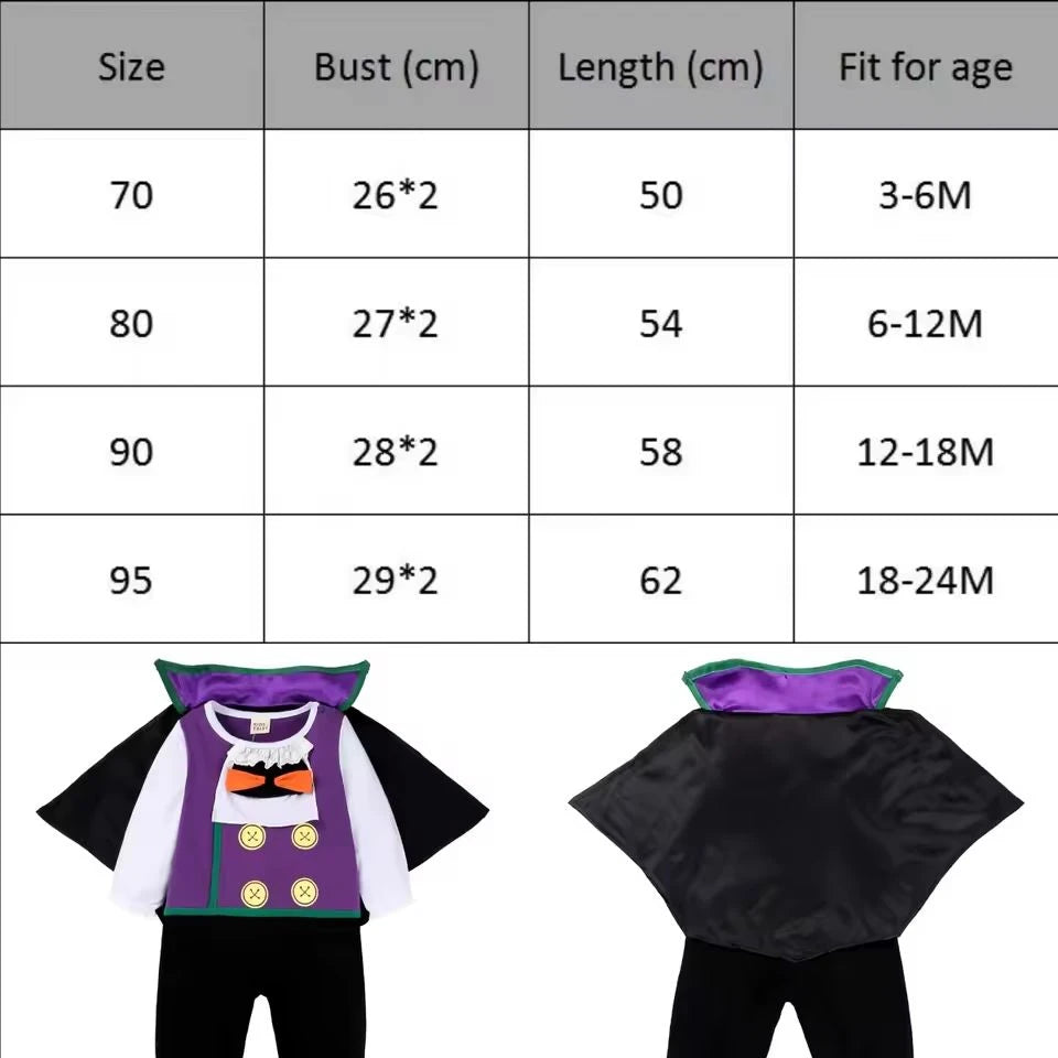 Cute BABY vampire costume jumpsuit with cape, perfect for Halloween dress-up for little ones