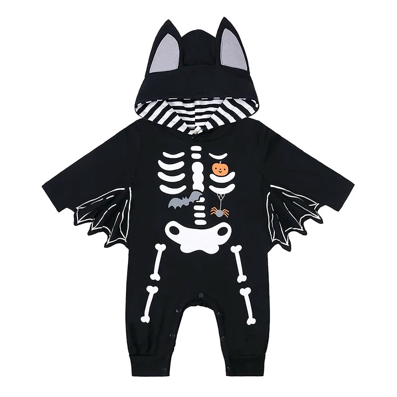 Cute BABY vampire costume jumpsuit with skeleton design and bat wings for Halloween fun