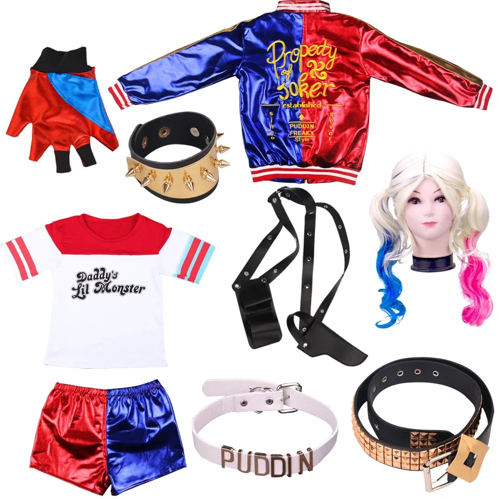 Harley Quinn costume for adults featuring a red and blue jacket, shorts, gloves, and accessories