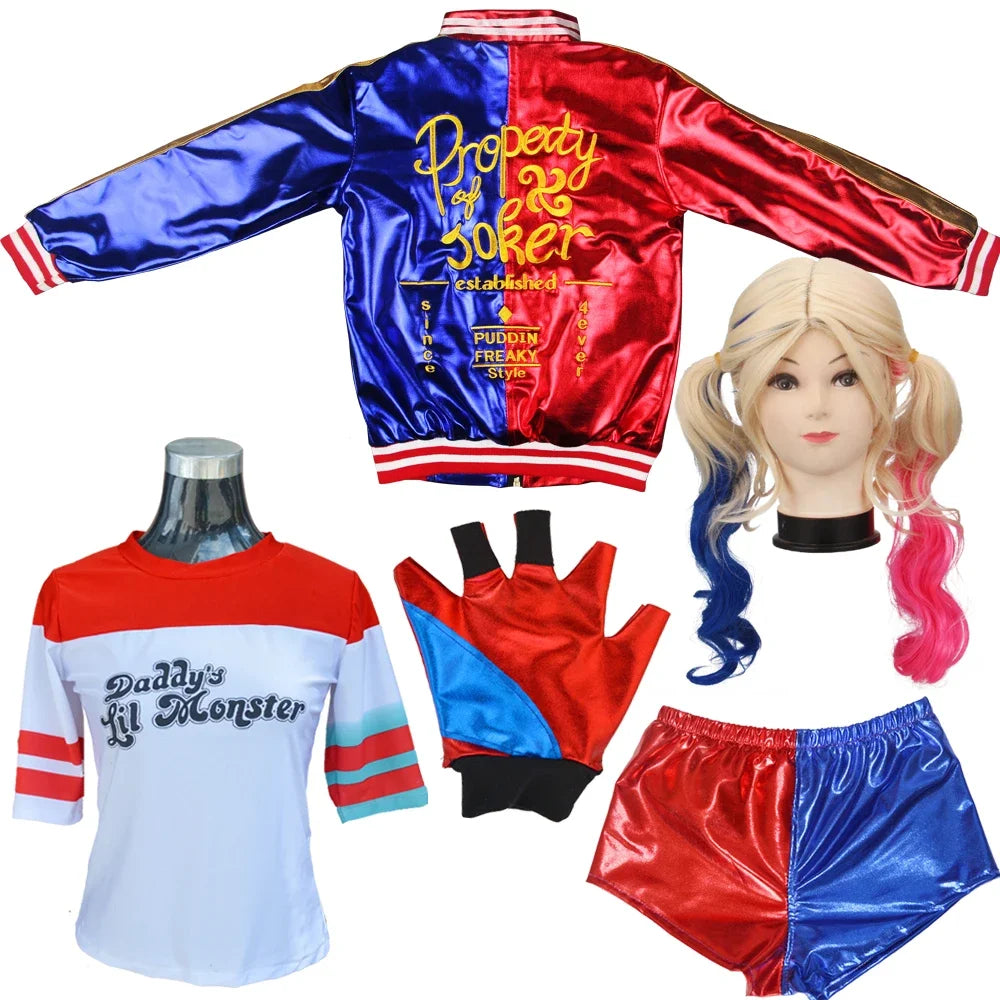 Harley Quinn costume for adults including jacket, shirt, gloves, shorts, and wig for a complete look