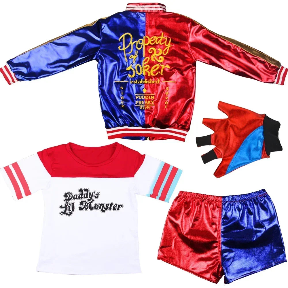 Harley Quinn costume for adults featuring a red and blue jacket, shirt, shorts, and gloves