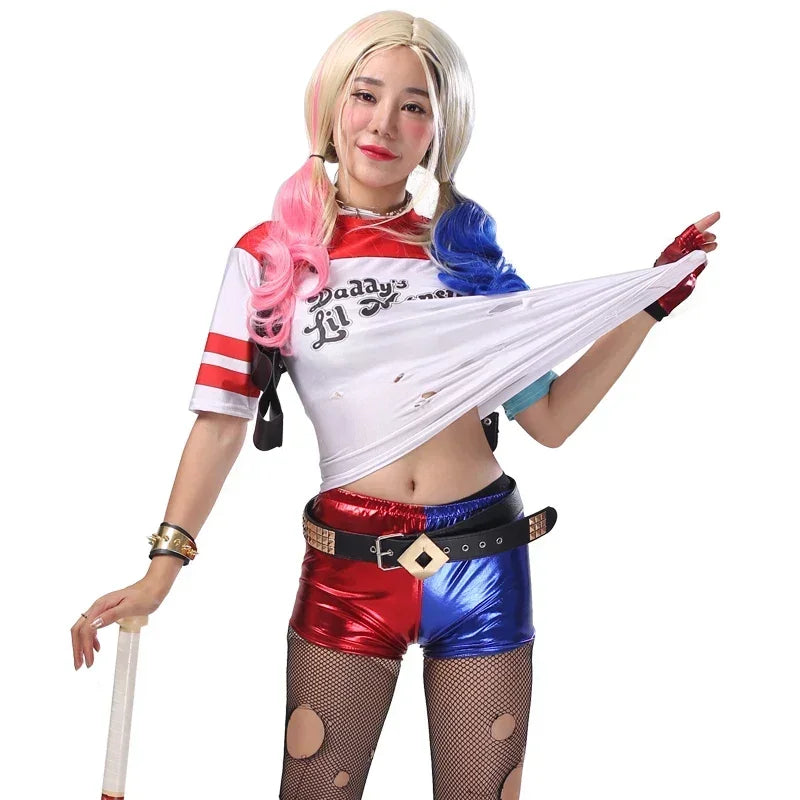 Harley Quinn costume for adults featuring a colorful top and shorts, perfect for Halloween parties
