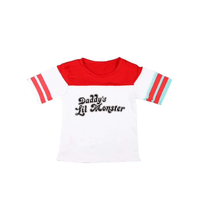Harley Quinn costume for adults featuring a white top with red sleeves and 'Daddy's Lil Monster' text