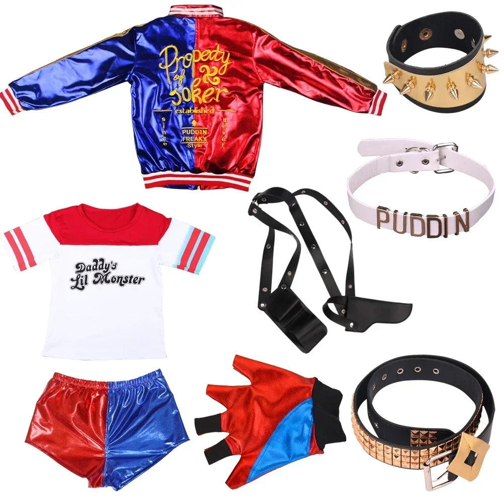 Harley Quinn costume for adults featuring jacket, shorts, shirt, gloves, and accessories