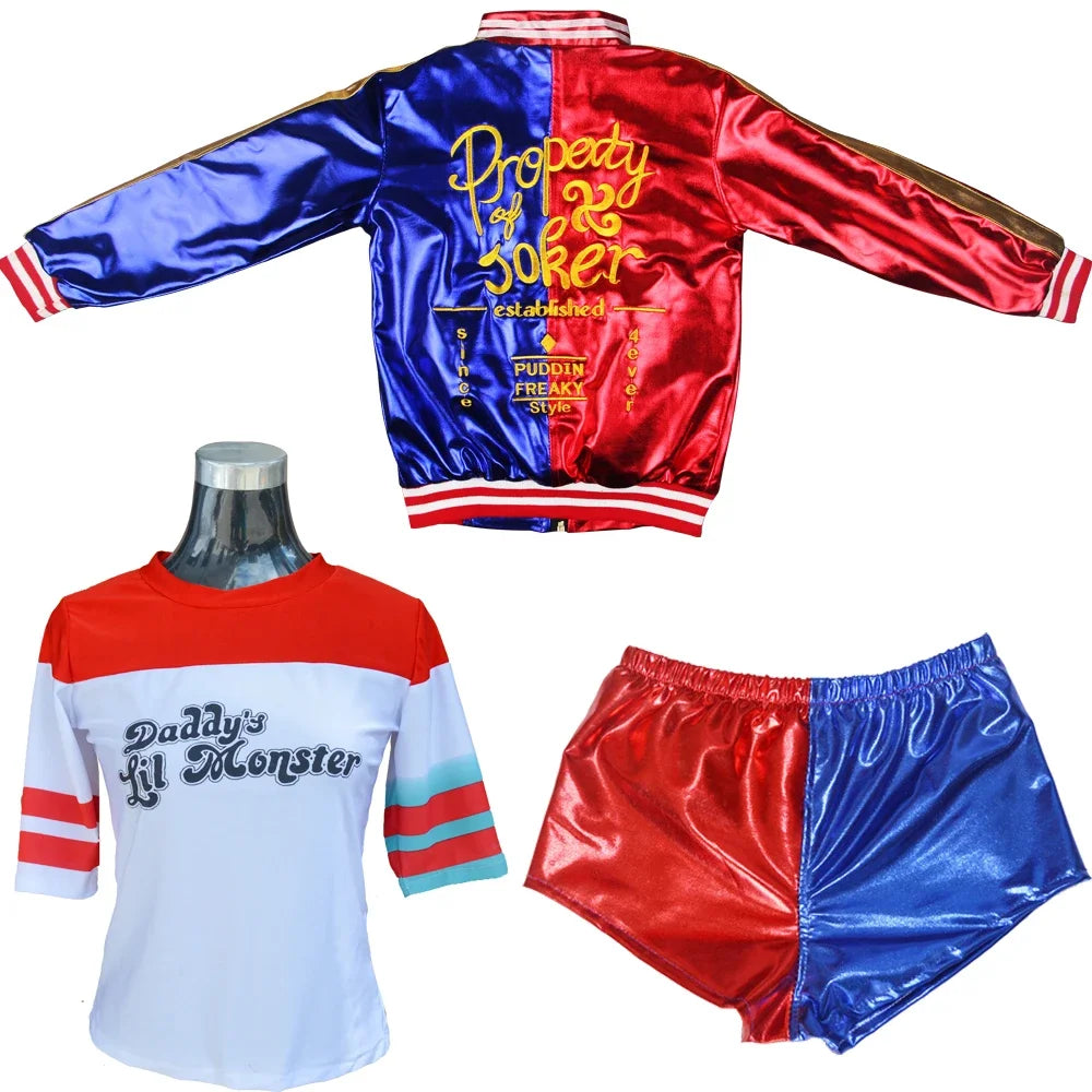 Harley Quinn costume for adults featuring a colorful jacket, shirt, and shorts set